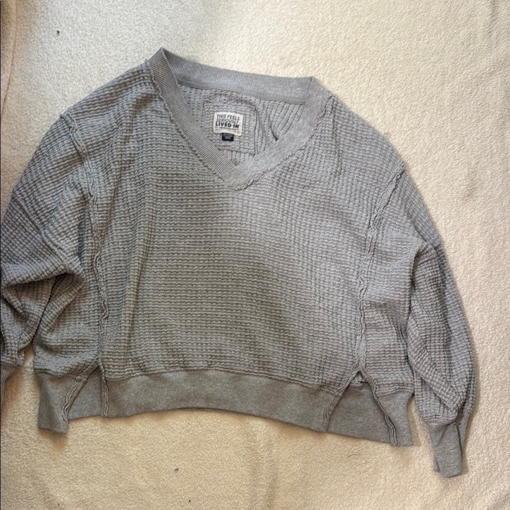 Aerie Gray V-Neck Sweater Cozy Essential